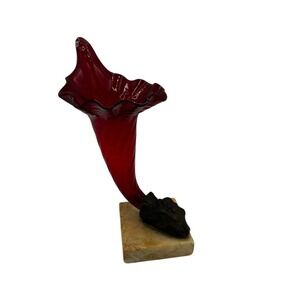 Art Deco Vintage Red Murano Italian Glass Cornucopia Rams Head Base Marble